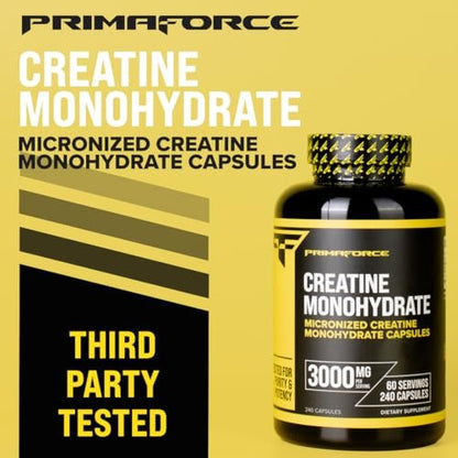Primaforce Creatin Monohydrat Kapseln – 240 Kapseln, 3.000 mg pro Portion, glutenfrei und nicht gentechnisch verändert