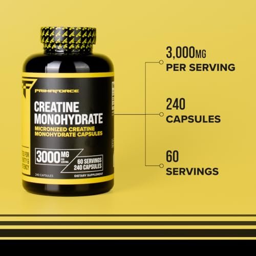Primaforce Creatin Monohydrat Kapseln – 240 Kapseln, 3.000 mg pro Portion, glutenfrei und nicht gentechnisch verändert