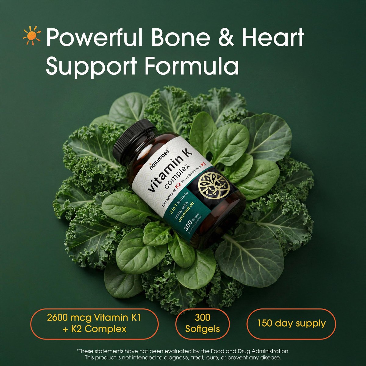 NatureBell Vitamin K Komplex - 300 Weichkapseln - 2.600 mcg Vitamin K - Vollspektrum Knochen- & Herzgesundheit - Hochabsorbierbares K1 & K2 MK-4 & MK-7*