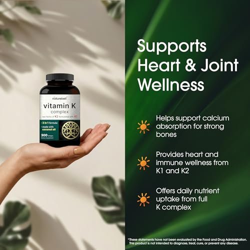 NatureBell Vitamin K Komplex - 300 Weichkapseln - 2.600 mcg Vitamin K - Vollspektrum Knochen- & Herzgesundheit - Hochabsorbierbares K1 & K2 MK-4 & MK-7*