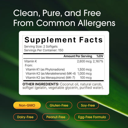 NatureBell Vitamin K Komplex - 300 Weichkapseln - 2.600 mcg Vitamin K - Vollspektrum Knochen- & Herzgesundheit - Hochabsorbierbares K1 & K2 MK-4 & MK-7*