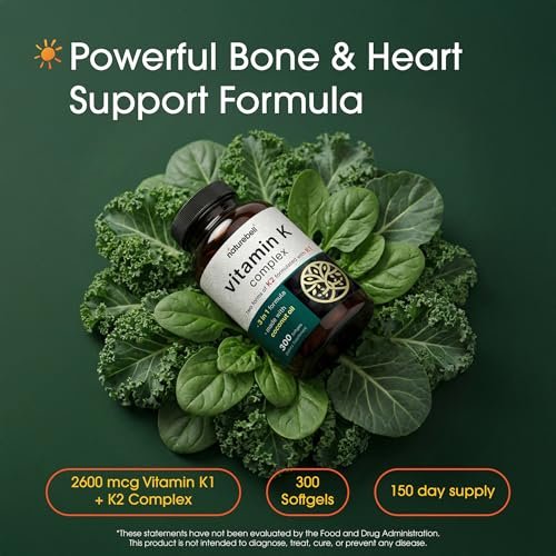 NatureBell Vitamin K Komplex - 300 Weichkapseln - 2.600 mcg Vitamin K - Vollspektrum Knochen- & Herzgesundheit - Hochabsorbierbares K1 & K2 MK-4 & MK-7*