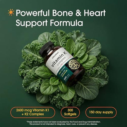 NatureBell Vitamin K Komplex - 300 Weichkapseln - 2.600 mcg Vitamin K - Vollspektrum Knochen- & Herzgesundheit - Hochabsorbierbares K1 & K2 MK-4 & MK-7*