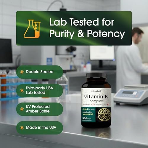 NatureBell Vitamin K Komplex - 300 Weichkapseln - 2.600 mcg Vitamin K - Vollspektrum Knochen- & Herzgesundheit - Hochabsorbierbares K1 & K2 MK-4 & MK-7*