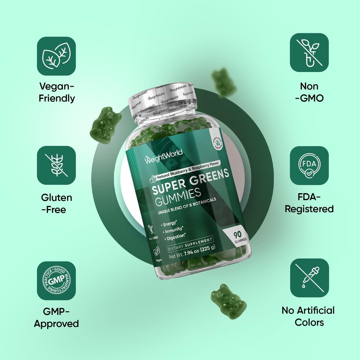 WeightWorld Super Greens Gummies – Energie, Immunität, Darm- & Verdauungsgesundheit – 45-Tage-Vorrat – Tägliche Grüne Nahrungsergänzung – Moringa, Brokkoli, Spinat + Vitamine & Mineralien – 90 Vegane Superfood-Gummis