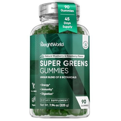 WeightWorld Super Greens Gummies – Energie, Immunität, Darm- & Verdauungsgesundheit – 45-Tage-Vorrat – Tägliche Grüne Nahrungsergänzung – Moringa, Brokkoli, Spinat + Vitamine & Mineralien – 90 Vegane Superfood-Gummis