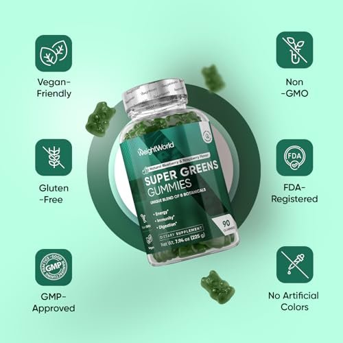 WeightWorld Super Greens Gummies – Energie, Immunität, Darm- & Verdauungsgesundheit – 45-Tage-Vorrat – Tägliche Grüne Nahrungsergänzung – Moringa, Brokkoli, Spinat + Vitamine & Mineralien – 90 Vegane Superfood-Gummis