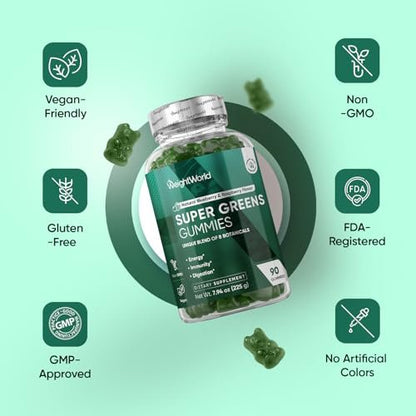 WeightWorld Super Greens Gummies – Energie, Immunität, Darm- & Verdauungsgesundheit – 45-Tage-Vorrat – Tägliche Grüne Nahrungsergänzung – Moringa, Brokkoli, Spinat + Vitamine & Mineralien – 90 Vegane Superfood-Gummis