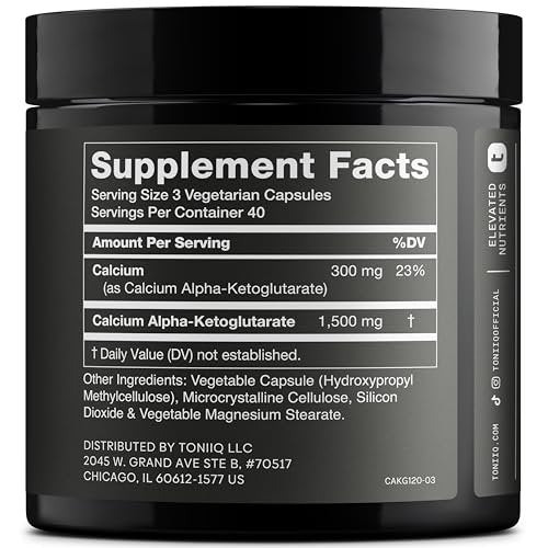 Toniiq 1500 mg Ultrahohe Reinheit Ca-AKG Kapseln - 99%+ hochreines und bioverfügbares Calcium-Alpha-Ketoglutarat - Calcium AKG Langlebigkeitsergänzung - 120 Ca-AKG vegetarische Kapseln