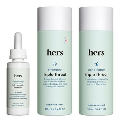 HERS Triple Threat Shampoo, Conditioner & 2% Minoxidil Set – Biotin, Sägepalme & Kürbiskernöl – Fördert den Haarwuchs für Frauen – Farbsicher & Parabenfrei – Napa Rose Duft – 3-teilig