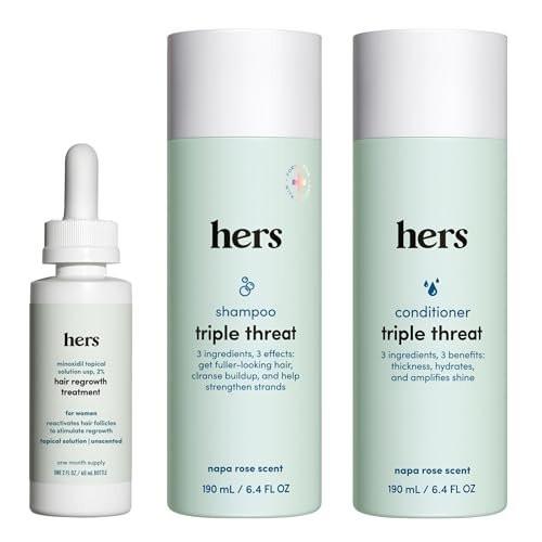 HERS Triple Threat Shampoo, Conditioner & 2% Minoxidil Set – Biotin, Sägepalme & Kürbiskernöl – Fördert den Haarwuchs für Frauen – Farbsicher & Parabenfrei – Napa Rose Duft – 3-teilig