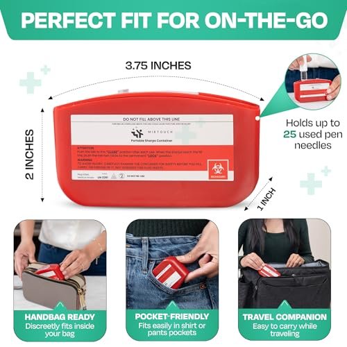 PocketSharps - Reisespitzerbehälter für Pen-Nadeln, Lanzetten, Teststreifen - Premium-Qualität, flacher Boden, durchscheinender Deckel, einfache Handhabung, tragbarer Auswurf- und Entsorgungsbehälter - 3er-Pack