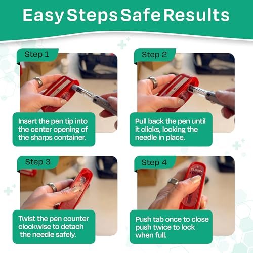 PocketSharps - Reisespitzerbehälter für Pen-Nadeln, Lanzetten, Teststreifen - Premium-Qualität, flacher Boden, durchscheinender Deckel, einfache Handhabung, tragbarer Auswurf- und Entsorgungsbehälter - 3er-Pack
