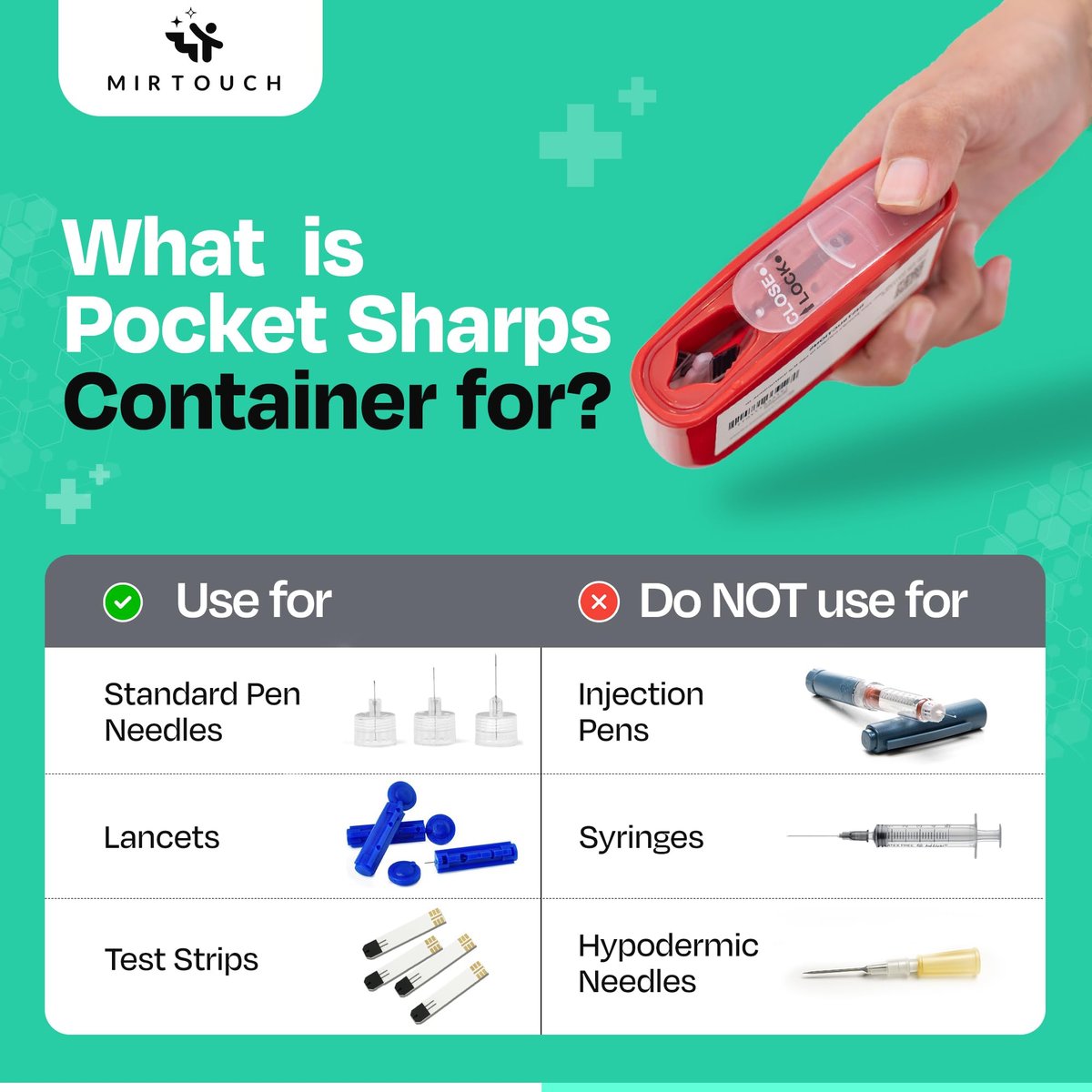 PocketSharps - Reisespitzerbehälter für Pen-Nadeln, Lanzetten, Teststreifen - Premium-Qualität, flacher Boden, durchscheinender Deckel, einfache Handhabung, tragbarer Auswurf- und Entsorgungsbehälter - 3er-Pack