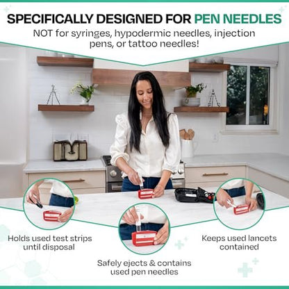 PocketSharps - Reisespitzerbehälter für Pen-Nadeln, Lanzetten, Teststreifen - Premium-Qualität, flacher Boden, durchscheinender Deckel, einfache Handhabung, tragbarer Auswurf- und Entsorgungsbehälter - 3er-Pack