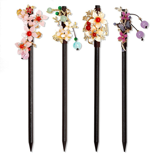 4 Stück Holz-Haarnadeln, traditionelle chinesische Blumen-Haarnadeln für langes Haar, Haarschmuck für Frauen und Mädchen, klassisch und vintage