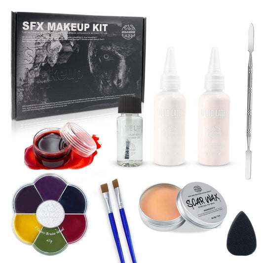 VIOLA HOUSE SFX Makeup Kit – 6 Farben Spezialeffekt-Makeup für Halloween mit Narbenwachs, Latex, Kunstblut und Zubehör