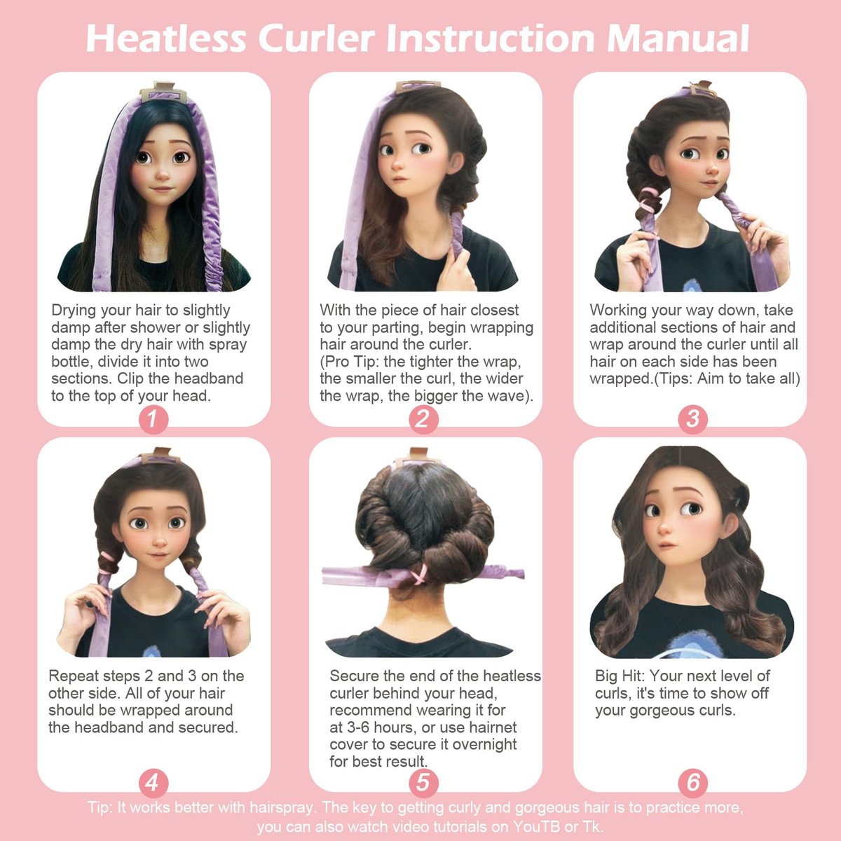 Heatless Curls Overnight Headband, 70 Zoll - No Heat Haarcurler für mittellanges bis langes Haar, Pink