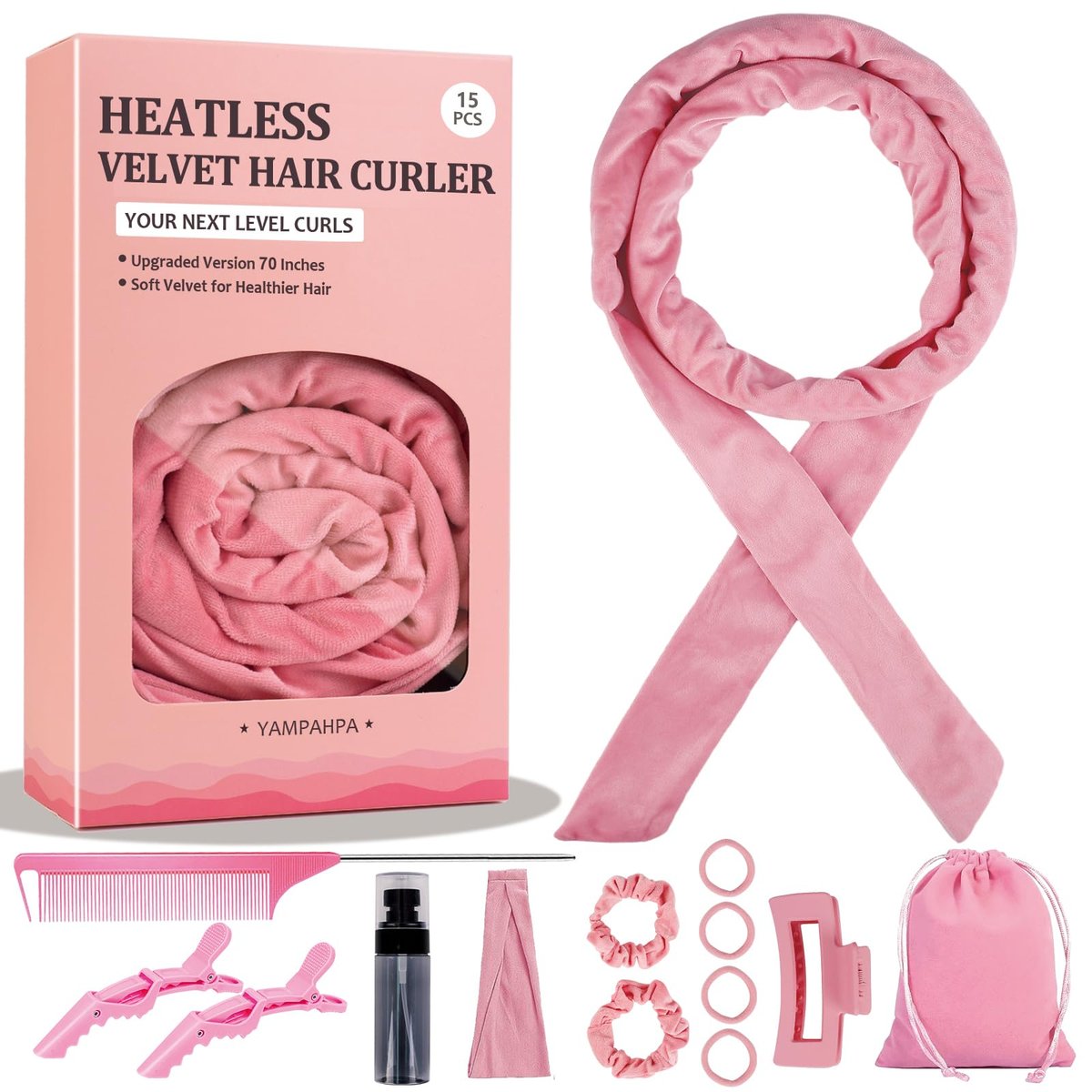 Heatless Curls Overnight Headband, 70 Zoll - No Heat Haarcurler für mittellanges bis langes Haar, Pink
