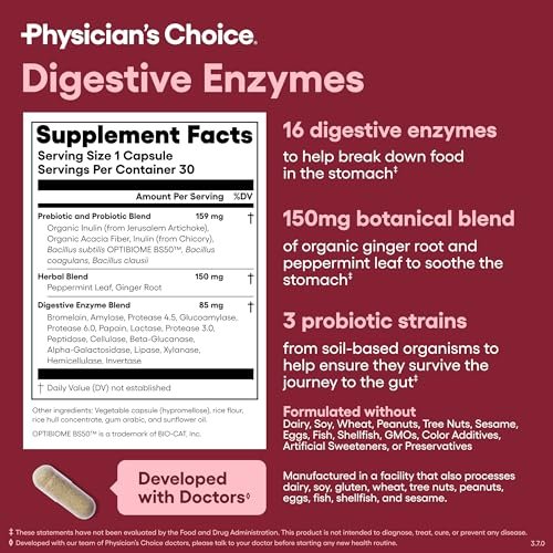 Physician's CHOICE Verdauungsenzyme gegen Blähungen & für die Verdauung - Schnell wirkende 16-Enzym-Formel mit organischen Präbiotika & Probiotika für die Darm- & Verdauungsgesundheit - Linderung von Unwohlsein nach Mahlzeiten - 30 Kapseln