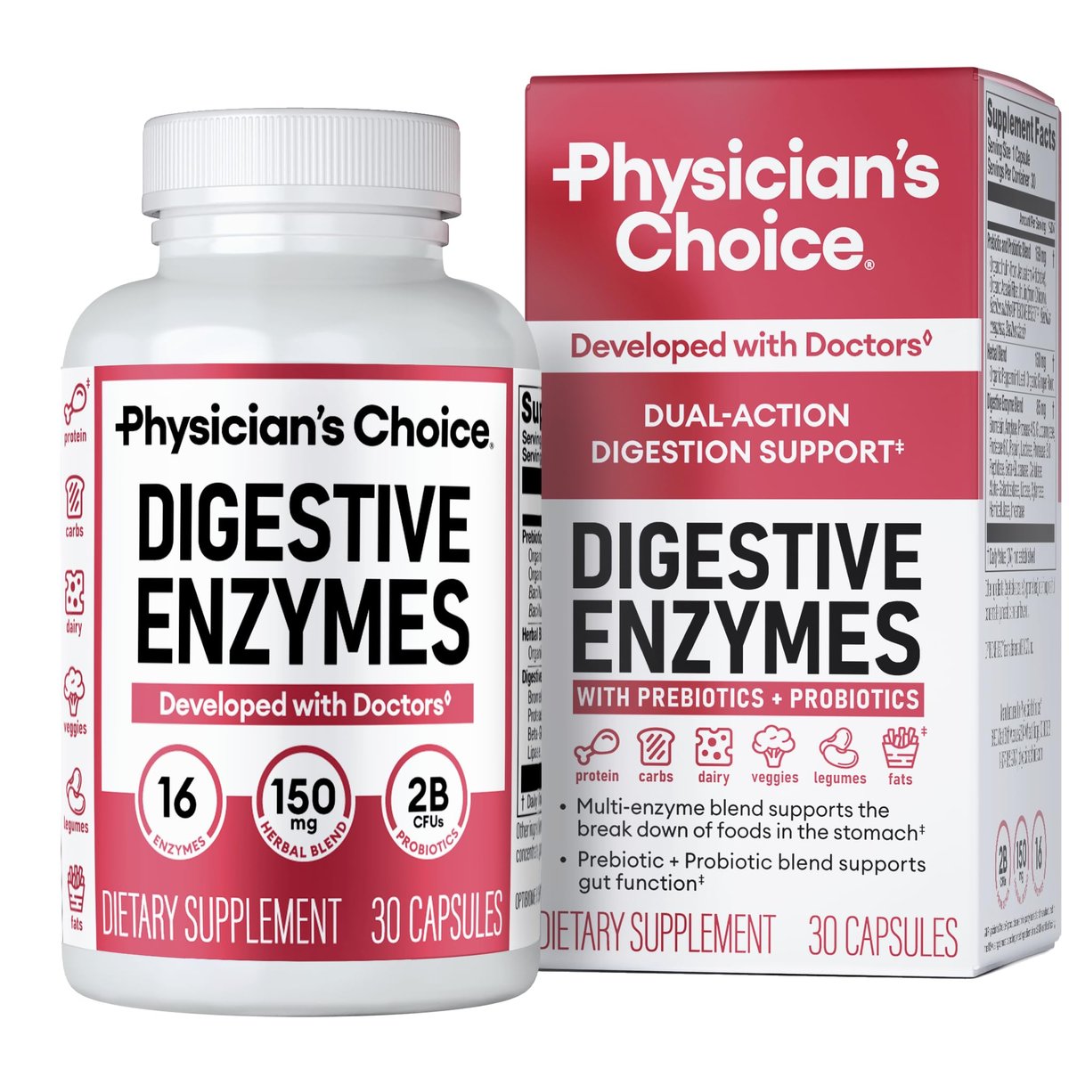 Physician's CHOICE Verdauungsenzyme gegen Blähungen & für die Verdauung - Schnell wirkende 16-Enzym-Formel mit organischen Präbiotika & Probiotika für die Darm- & Verdauungsgesundheit - Linderung von Unwohlsein nach Mahlzeiten - 30 Kapseln