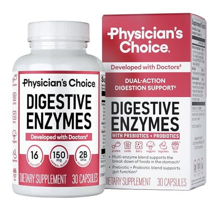 Physician's CHOICE Verdauungsenzyme gegen Blähungen & für die Verdauung - Schnell wirkende 16-Enzym-Formel mit organischen Präbiotika & Probiotika für die Darm- & Verdauungsgesundheit - Linderung von Unwohlsein nach Mahlzeiten - 30 Kapseln
