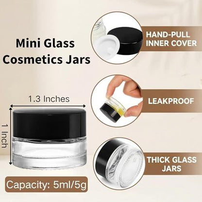 Coloch 90er-Pack 5 ml Glasprobenbehälter mit schwarzem Deckel, Mini-Glaskosmetikgläser mit Inneneinsatz, nachfüllbare kleine Glasgläser für Kosmetik, Lotion, Creme, Proben, Wachs, Hautpflege, Reisen