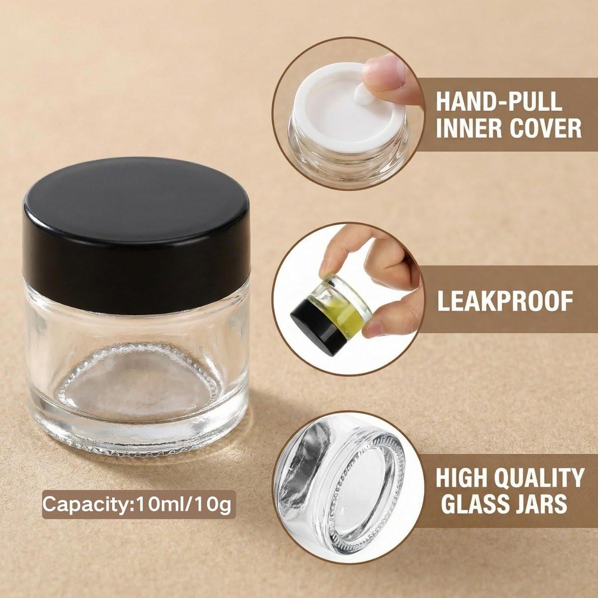 Coloch 70er-Pack 10ml Mini-Glasprobengläser mit luftdichtem Deckel, 10 Gramm Glas-Kosmetikbehälter, klare runde Lippenbalsam-Behälter für Kosmetik, Lotion, Creme, Proben, Hautpflege, Reisen, Einzelhandel
