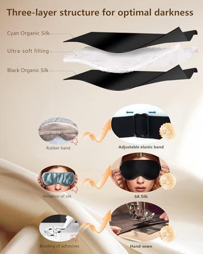 BLSSNZ Seiden-Schlafmaske für Damen und Herren – Weiche, atmungsaktive, organische Naturseide, blickdichte Augenmaske mit verstellbarem Band, druckfreie Schlafmaske für Reiseutensilien, Geschenke (Schwarz)