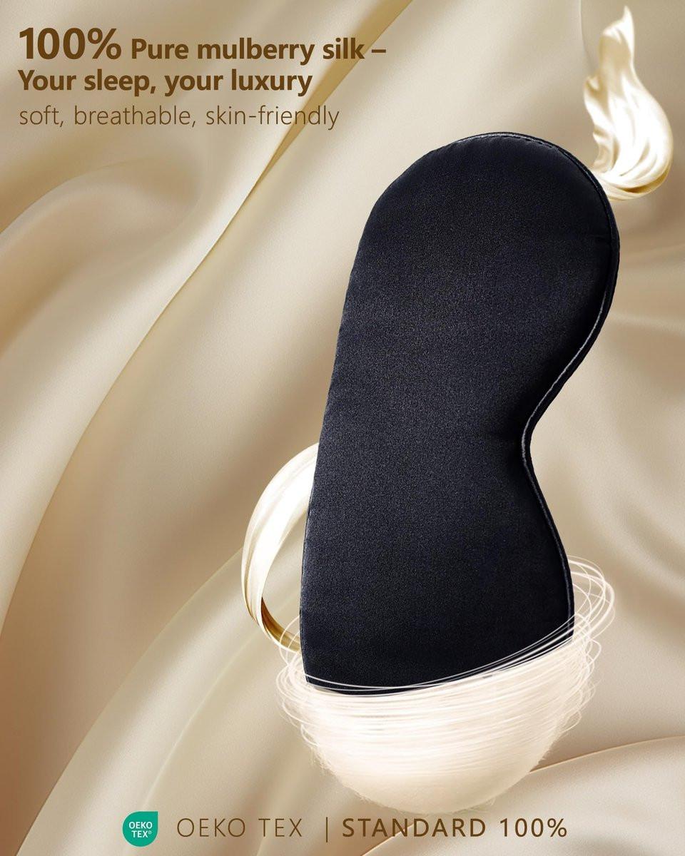 BLSSNZ Seiden-Schlafmaske für Damen und Herren – Weiche, atmungsaktive, organische Naturseide, blickdichte Augenmaske mit verstellbarem Band, druckfreie Schlafmaske für Reiseutensilien, Geschenke (Schwarz)
