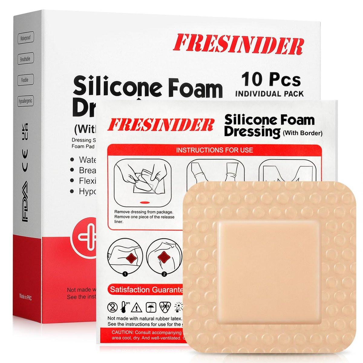 FRESINIDER Silikon-Schaumverband mit Kleberand, 10 Stück, 2" x 2" kleine Schaumstoff-Wundauflagen, sanfte Silikonhaftung, atmungsaktiv & bequem, für kleine Schnitte, Verbrennungen & postoperative Pflege