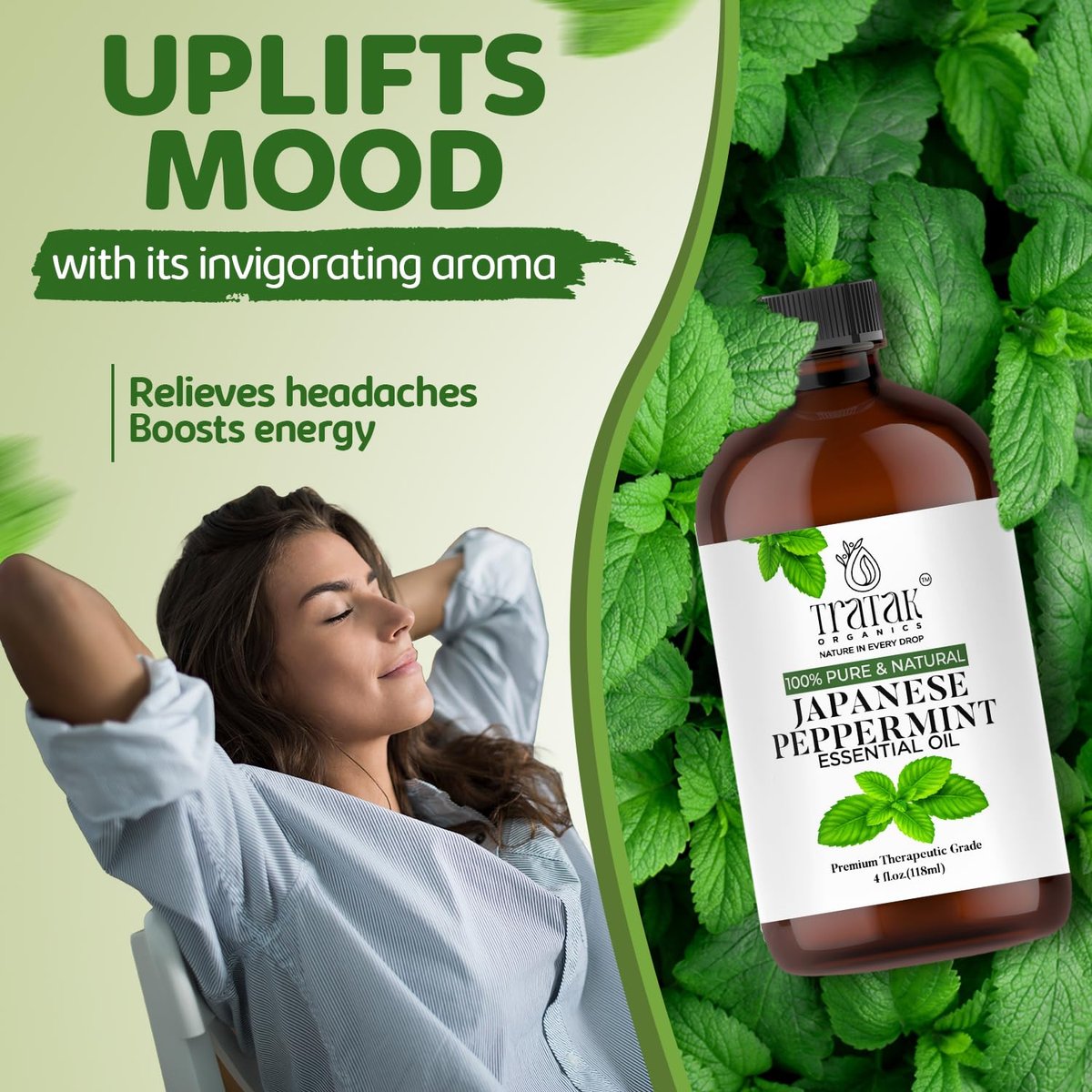 TRATAK ORGANICS Pfefferminzöl 118 ml – 100 % reines und natürliches Öl mit Premium-Glastropfer, therapeutisches Premiumöl für Diffuser, Reinigung, Haarpflege und Aromatherapie