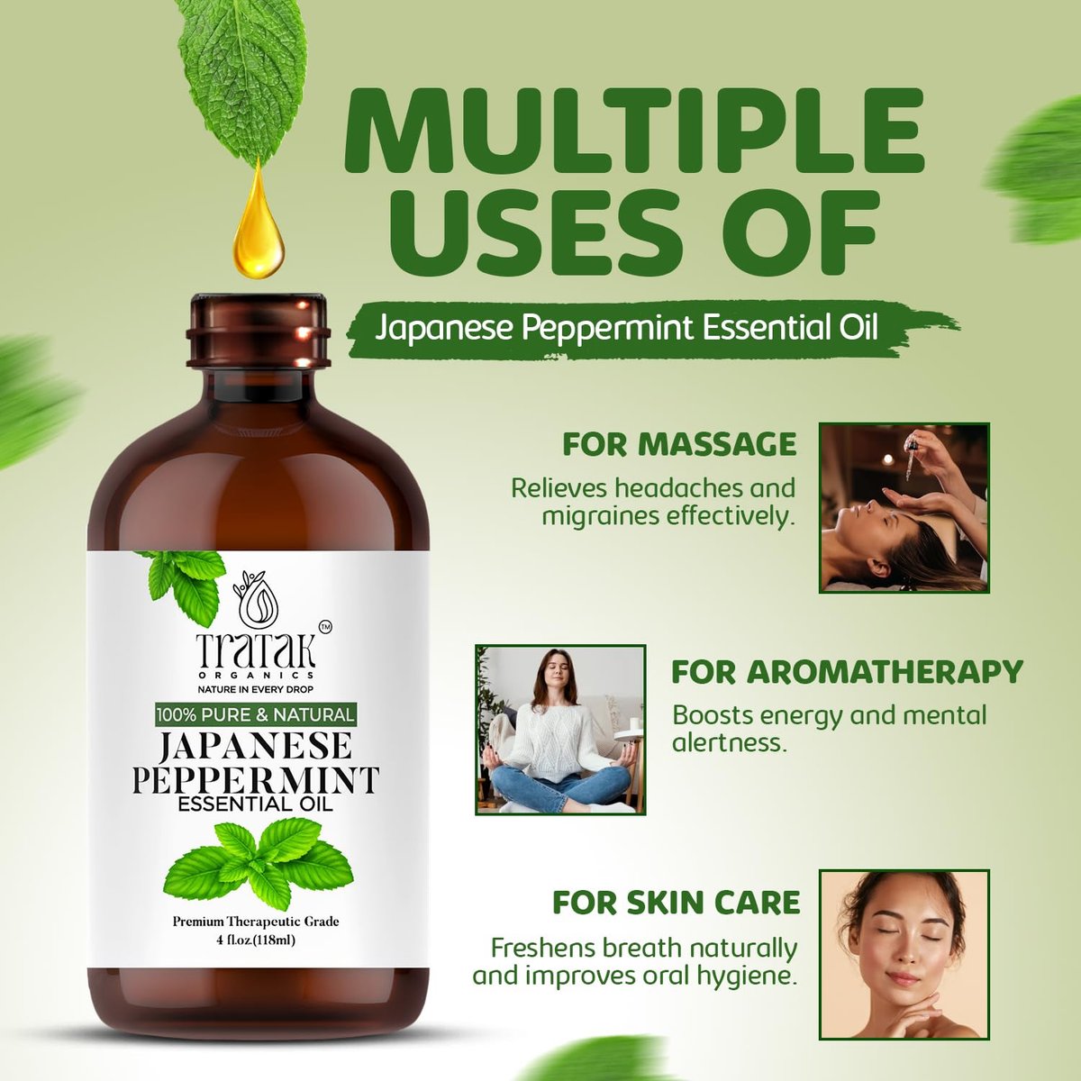 TRATAK ORGANICS Pfefferminzöl 118 ml – 100 % reines und natürliches Öl mit Premium-Glastropfer, therapeutisches Premiumöl für Diffuser, Reinigung, Haarpflege und Aromatherapie