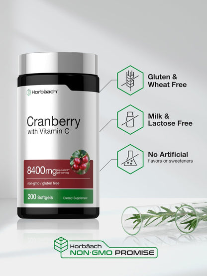 Horbäach Cranberry Kapseln für Frauen und Männer | 200 Weichkapseln | Extrakt mit Vitamin C | Non-GMO, Glutenfrei