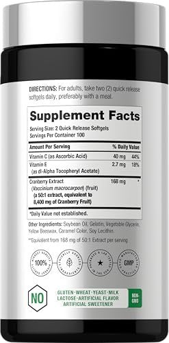 Horbäach Cranberry Kapseln für Frauen und Männer | 200 Weichkapseln | Extrakt mit Vitamin C | Non-GMO, Glutenfrei