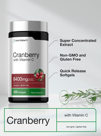 Horbäach Cranberry Kapseln für Frauen und Männer | 200 Weichkapseln | Extrakt mit Vitamin C | Non-GMO, Glutenfrei