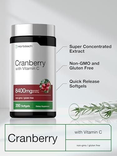 Horbäach Cranberry Kapseln für Frauen und Männer | 200 Weichkapseln | Extrakt mit Vitamin C | Non-GMO, Glutenfrei