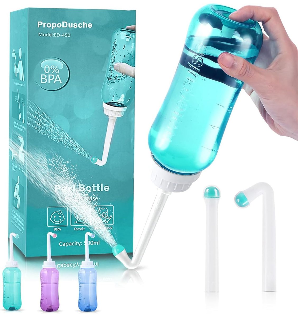 Peri Flasche für die Zeit nach der Geburt - Tragbares Bidet für die Intimhygiene, Perinealpflege, Quetschflasche für die persönliche Hygiene, 2 Aufsätze für die Reinigung von Mutter und Baby, 500 ml (Grün)