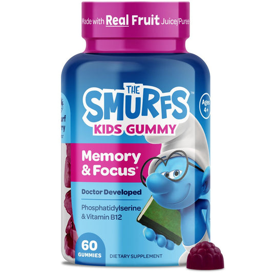 Die Schlümpfe Nootropische Gummis für Kinder mit Vitamin B12 & L-Theanin | Laser Fokus Gummis für Konzentration und Gedächtnis | Hergestellt mit echten Früchten in Schlumpfbeere | Von Ärzten entwickelt | 60 vegane Gummis