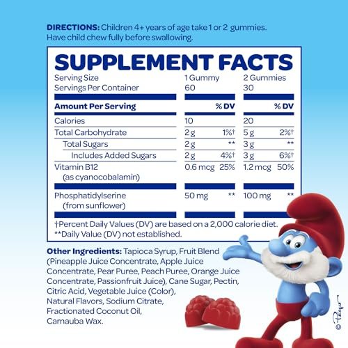 Die Schlümpfe Nootropische Gummis für Kinder mit Vitamin B12 & L-Theanin | Laser Fokus Gummis für Konzentration und Gedächtnis | Hergestellt mit echten Früchten in Schlumpfbeere | Von Ärzten entwickelt | 60 vegane Gummis