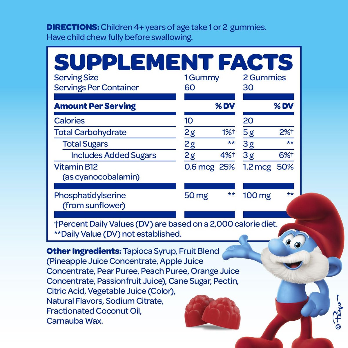 Die Schlümpfe Nootropische Gummis für Kinder mit Vitamin B12 & L-Theanin | Laser Fokus Gummis für Konzentration und Gedächtnis | Hergestellt mit echten Früchten in Schlumpfbeere | Von Ärzten entwickelt | 60 vegane Gummis