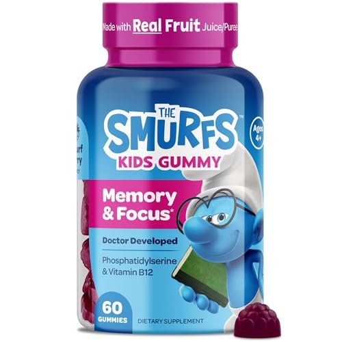 Die Schlümpfe Nootropische Gummis für Kinder mit Vitamin B12 & L-Theanin | Laser Fokus Gummis für Konzentration und Gedächtnis | Hergestellt mit echten Früchten in Schlumpfbeere | Von Ärzten entwickelt | 60 vegane Gummis