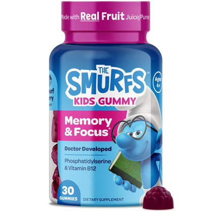 VITABURST Smurfs Focus Gummis für Kinder | Konzentration & Aufmerksamkeit mit Phosphatidylserin | Mit echtem Fruchtgeschmack | Arztentwickelt | Nicht-GVO, ohne künstliche Aromen oder Farben | 30 Gummis