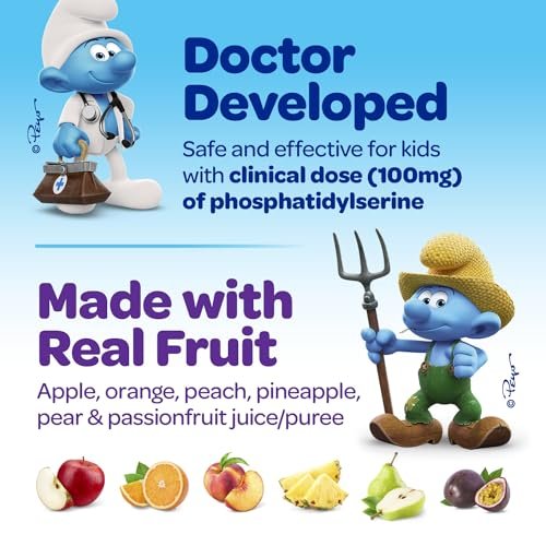 VITABURST Smurfs Focus Gummis für Kinder | Konzentration & Aufmerksamkeit mit Phosphatidylserin | Mit echtem Fruchtgeschmack | Arztentwickelt | Nicht-GVO, ohne künstliche Aromen oder Farben | 30 Gummis