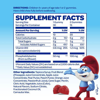 VITABURST Smurfs Focus Gummis für Kinder | Konzentration & Aufmerksamkeit mit Phosphatidylserin | Mit echtem Fruchtgeschmack | Arztentwickelt | Nicht-GVO, ohne künstliche Aromen oder Farben | 30 Gummis