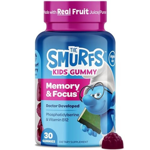 VITABURST Smurfs Focus Gummis für Kinder | Konzentration & Aufmerksamkeit mit Phosphatidylserin | Mit echtem Fruchtgeschmack | Arztentwickelt | Nicht-GVO, ohne künstliche Aromen oder Farben | 30 Gummis