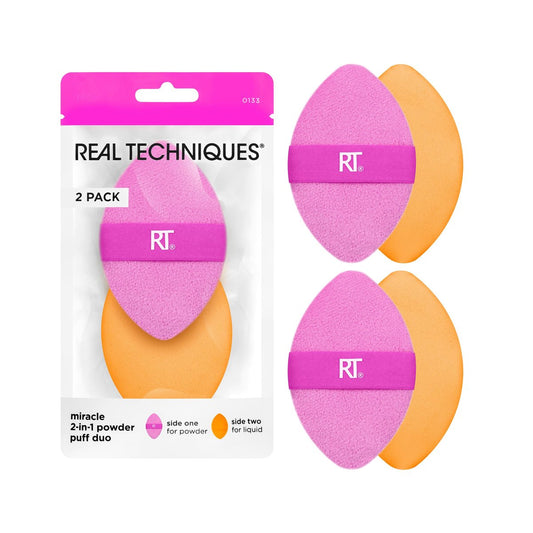 Real Techniques Miracle 2-in-1 Powder Puff 2er-Pack – Beidseitiger Make-up-Schwamm mit elastischem Band für flüssige, cremige & pudrige Produkte, tierversuchsfrei