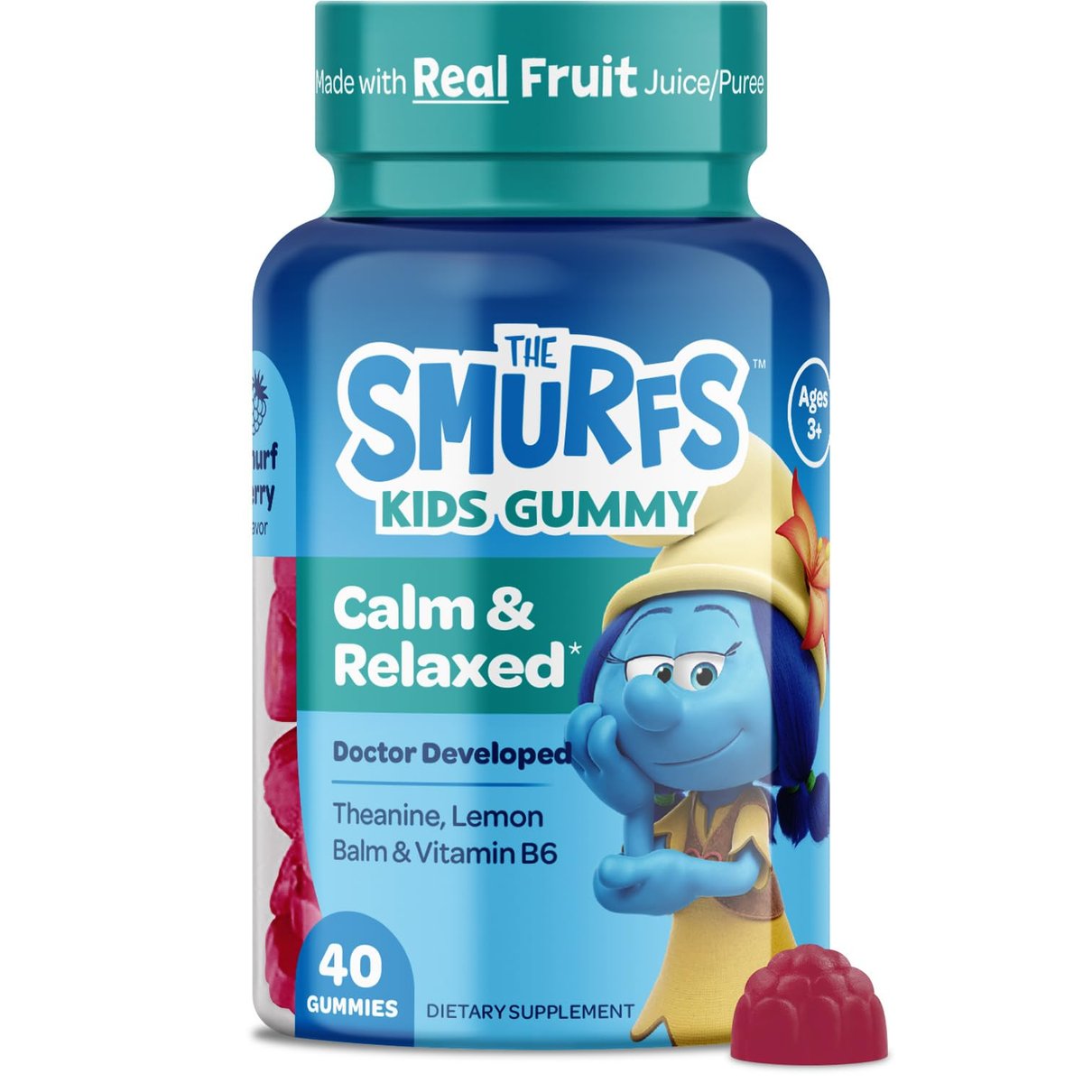 Smurfs Kids Calm Gummies – Beruhigungsgummis für Kinder mit Zitronenmelisse & L-Theanin – aus echtem Fruchtpüree – von Ärzten entwickelt – gelatinefrei, ohne Gentechnik, keine künstlichen Aromen oder Farben – 20 Portionen