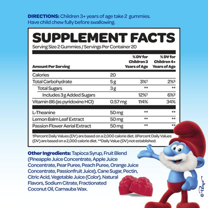 Smurfs Kids Calm Gummies – Beruhigungsgummis für Kinder mit Zitronenmelisse & L-Theanin – aus echtem Fruchtpüree – von Ärzten entwickelt – gelatinefrei, ohne Gentechnik, keine künstlichen Aromen oder Farben – 20 Portionen