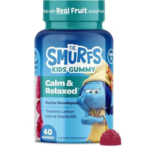 Smurfs Kids Calm Gummies – Beruhigungsgummis für Kinder mit Zitronenmelisse & L-Theanin – aus echtem Fruchtpüree – von Ärzten entwickelt – gelatinefrei, ohne Gentechnik, keine künstlichen Aromen oder Farben – 20 Portionen